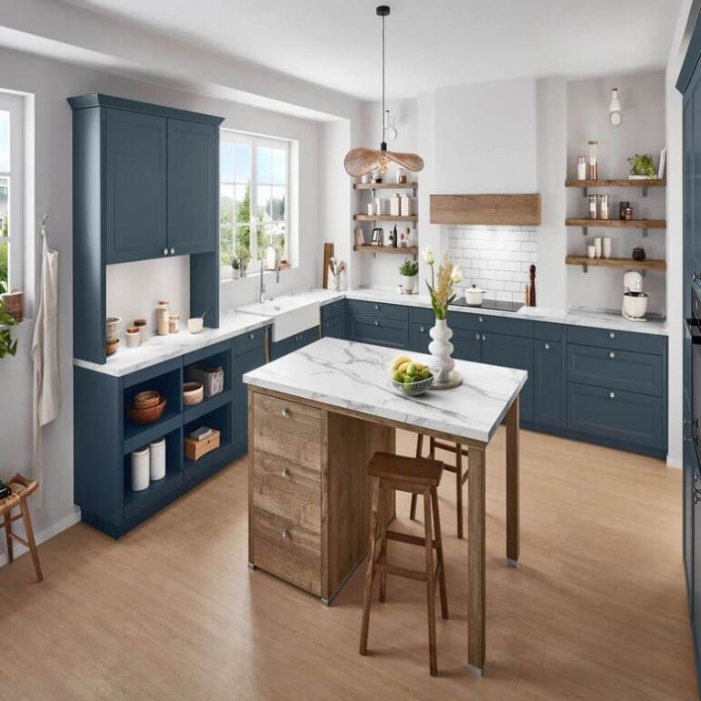 Dunkelblaue Landhausküche Küche im Landhausstil in Dunkelblau mit Marmor-Kochinsel, Holzregalen und Barhockern – Küchenberatung Heidelberg